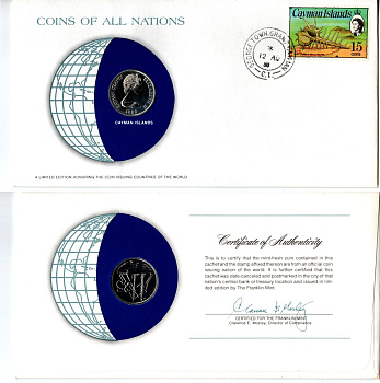 Каймановы острова 25 центов 1980 конверт с маркой первого дня гашения, Coins of Nations KM 4 медно никель PROOF 4294-71-2