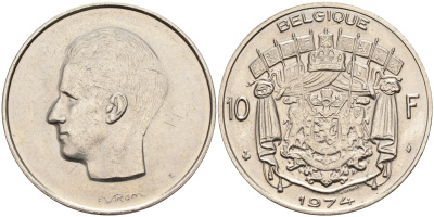 Бельгия 10 франков 1974 Belgique, Бодуэн I (1951-1993) KM 155.1 никель    4595-557