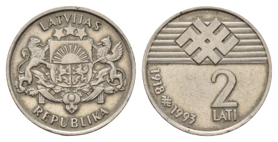 Латвия 2 лата 1993 75 лет Латвийской республике KM 18 медно-никель 4666-412