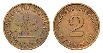 ФРГ 2 пфеннига 1958 F KM 106, J. 381 бронза 4189-743