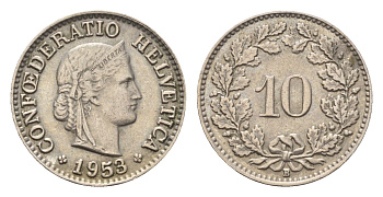 Швейцария 10 раппенов 1953 KM 27 медно-никель 4685-245
