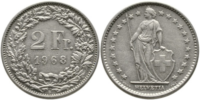 ШВЕЙЦАРИЯ 2 ФРАНКА 1968 В KM 21а.1 медно-никель 4538-131