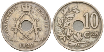 Бельгия 10 сантимов 1922 Belgie KM 86 медно-никель 26-556