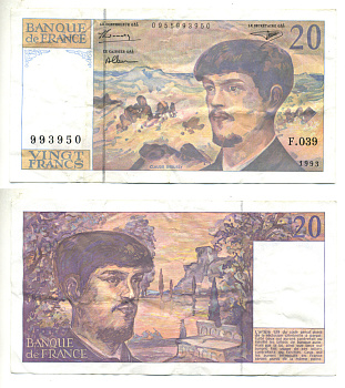 ФРАНЦИЯ 20 ФРАНКОВ 1993 КЛОД ДЕБЮССИ Pick 151g бумага 3295-22-1