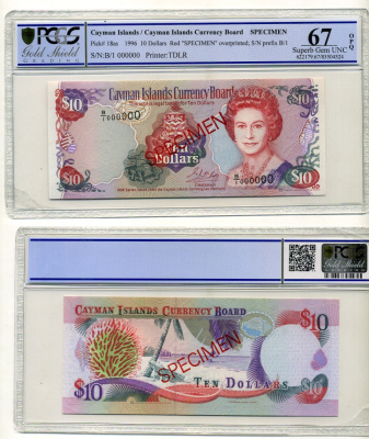 Каймановы острова набор из 5 банкнот 1996 образец, Specimen, в слабах PCGS: 1 доллар 66 Gem UNC, 5 долларов 66 Gem UNC, 10 долларов 67 Superb Gem UNC, 25 долларов 67 Superb Gem UNC, 100 долларов 66 Gem UNC 452-1-46