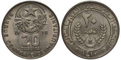 МАВРИТАНИЯ 20 УГУЙЯ 1990 1410 ГОД KM 5 медно-никель 1526-1243