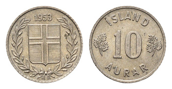 Исландия 10 эйре 1953 KM 10 медно-никель aUNC 4696-256