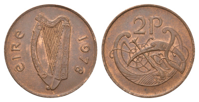 Ирландия 2 пенса 1978 Виньетка в виде стилизованной птицы из второй библии Карла II Лысого KM 21 бронза aUNC 4582-1153