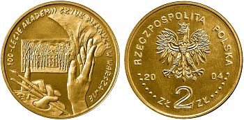 Польша 2 злотых 2004 MW, 100 лет Академии изящных искусств KM 509 нордик UNC 4676-147