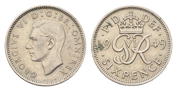 Великобритания 6 пенсов 1949 Георг VI (1936-1952) KM 875, Spink 4110 медно-никель 4705-431