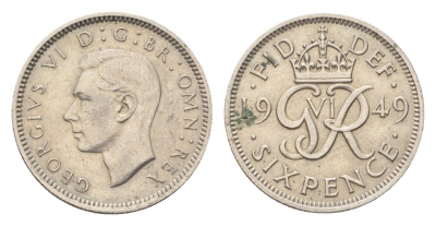 Великобритания 6 пенсов 1949 Георг VI (1936-1952) KM 875, Spink 4110 медно-никель 4705-431