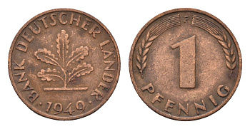 ФРГ 1 пфенниг 1949 F KM A101, J. 376 сталь плакированная медью 4685-345