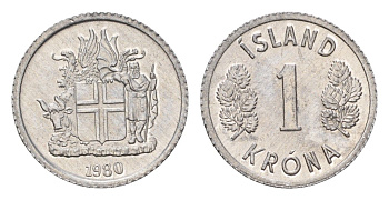 Исландия 1 крона 1980 KM 23 алюминий UNC 4687-819