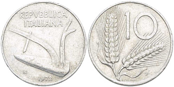 ИТАЛИЯ 10 ЛИР 1972 R, ПЛУГ, КОЛОСЬЯ KM 93 алюминий 175-417