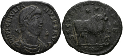 Римская Империя майорина 361 - 363 Юлиан Отступник SECVRITAS REI PVB Арелат (Константина) Good Very fine RIC 318 бронза 1073-7-33