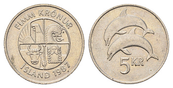 Исландия 5 крон 1987 дельфины KM 28 медно-никель 4589-841