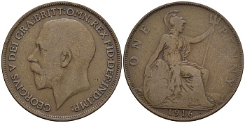 Великобритания 1 пенни 1916 Георг V (1910-1936) КМ 810, Spink 4051 бронза 4112-714