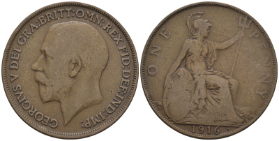 Великобритания 1 пенни 1916 Георг V (1910-1936) КМ 810, Spink 4051 бронза 4112-714
