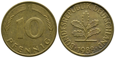 ФРГ 10 ПФЕННИГОВ 1988 F KM 108, J.383 сталь плакированная латунью 41-1134