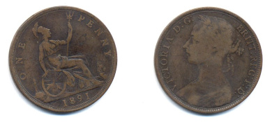 Великобритания 1 пенни 1891 Виктория (1837-1901) KM 755, Spink 3954 бронза 4379-135