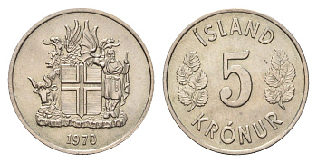 Исландия 5 крон 1970 KM 18 медно-никель UNC 4687-865