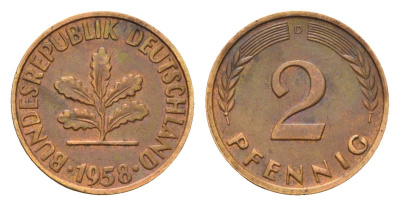 ФРГ 2 пфеннига 1958 D KM 106, J. 381 бронза 4609-331