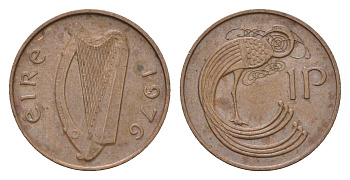 Ирландия 1 пенни 1976 мифологическая птица лира KM 20 бронза 4690-362