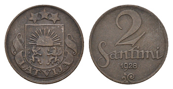 Латвия 2 сантима 1928 KM 2 бронза 4689-922