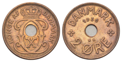 Дания 2 эре 1936 N, Кристиан X (1912-1947) KM 827 бронза 4701-828