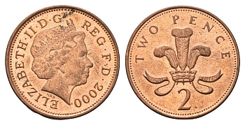 Великобритания 2 пенса 2000 Елизавета II (1952-2022) KM 987, Spink 4690 (C5) сталь плакированная медью UNC 4637-1246