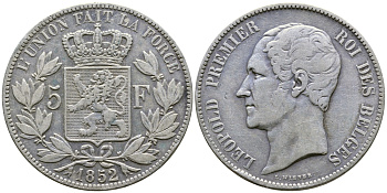 Бельгия 5 франков 1852 Леопольд I (1831-1865) KM 17 серебро 1066-20-35