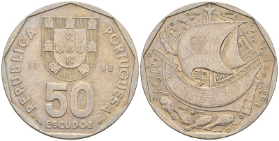 Португалия 50 эскудо 1988 парусник KM 636 медно-никель 221-433