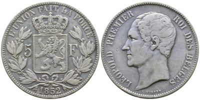 Бельгия 5 франков 1852 Леопольд I (1831-1865) KM 17 серебро 1066-20-35