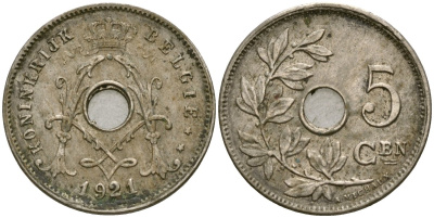 Бельгия 5 сантимов 1921 Belgie KM 67 медно-никель 4136-516