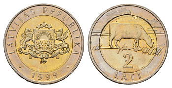 Латвия 2 лата 1999 корова KM 38 биметалл UNC 4652-952