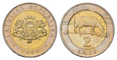 Латвия 2 лата 1999 корова KM 38 биметалл UNC 4652-952