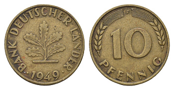 ФРГ 10 пфеннигов 1949 F KM 103, J. 378 сталь плакированная латунью 4684-241