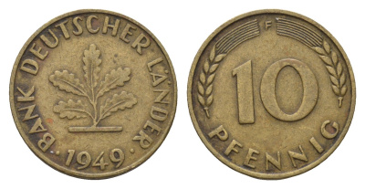 ФРГ 10 пфеннигов 1949 F KM 103, J. 378 сталь плакированная латунью 4684-241