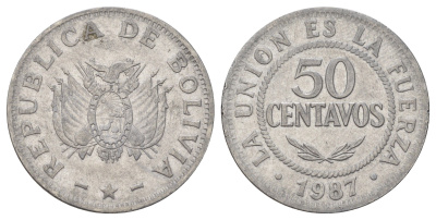 Боливия 50 сентаво 1987 KM 204 нержавеющая сталь 68-556