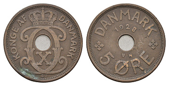 Дания 5 эре 1928 N, Кристиан X (1912-1947) KM 828 бронза 4700-826