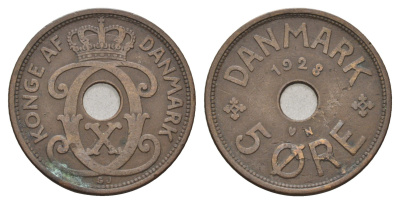 Дания 5 эре 1928 N, Кристиан X (1912-1947) KM 828 бронза 4700-826