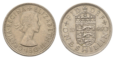 Великобритания 1 шиллинг 1966 Елизавета II (1952-2022), Английский герб KM 904, Spink 4147 медно-никель 4177-443