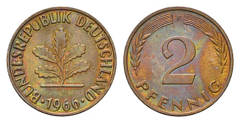 ФРГ 2 пфеннига 1966 F KM 106, J. 381 бронза 4528-529