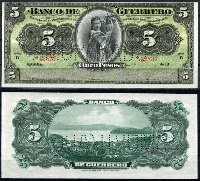 Мексика, Banco de Guerrero 5 песо ND (19__) девушка с корзиной фруктов, Акапулько, серия B, AMORTIZADO Pick S 298c  бумага  UNC (пресс) 451-451-2