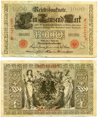 Германия 1000 марок 1910 21 апреля 1910, красная печать, номер семизначный, серия K, буква S, выпуск АВГУСТ 1922 Pick 44, Роземберг 45с бумага VF- 8606-41-1-2