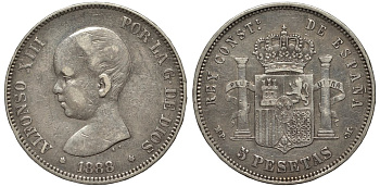 Испания 5 песет 1888 MP-M, Альфонсо XIII (1886-1931) KM 689 серебро 00-00