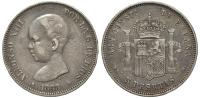 Испания 5 песет 1888 MP-M, Альфонсо XIII (1886-1931) KM 689 серебро 00-00