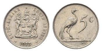 ЮАР 5 центов 1973 герб, райский журавль KM 84 никель 4694-437