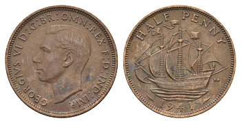 Великобритания 1/2 пенни 1941 Георг VI (1936-1952) KM 844, Spink 4115 бронза 4699-423