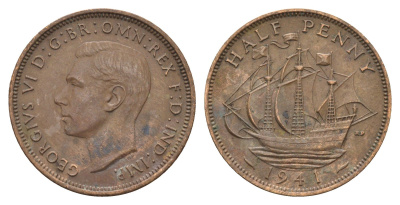 Великобритания 1/2 пенни 1941 Георг VI (1936-1952) KM 844, Spink 4115 бронза 4699-423
